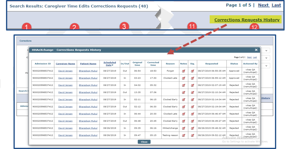 Corrections Requests History