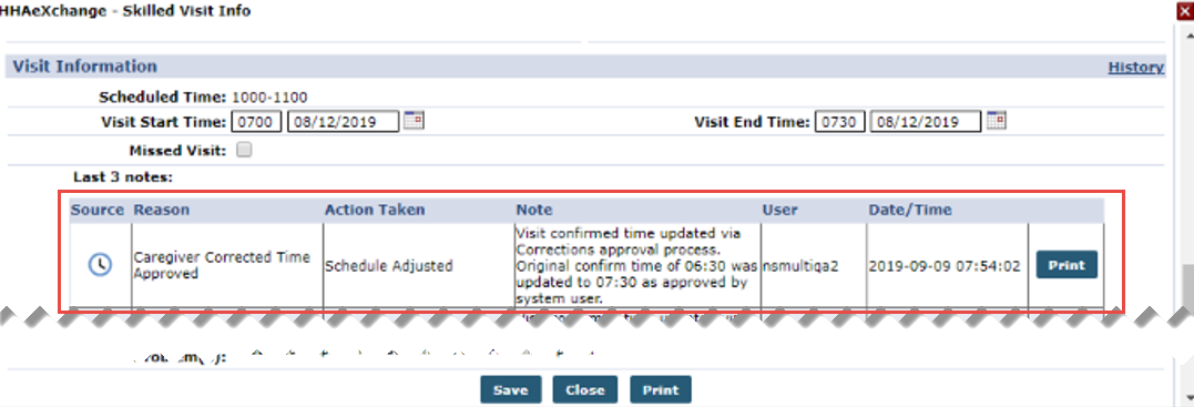 Caregiver Corrected Time (Approval) Note