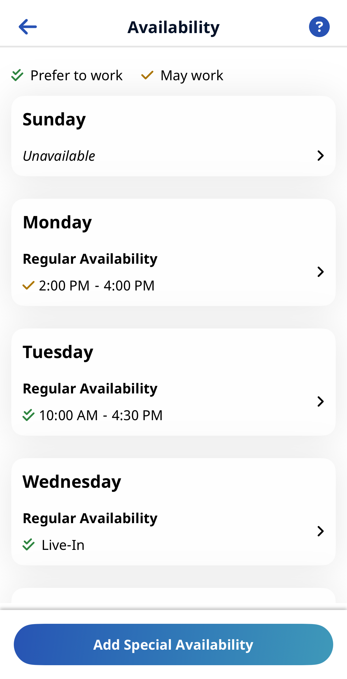 My Availability Partial image of the My Availability page