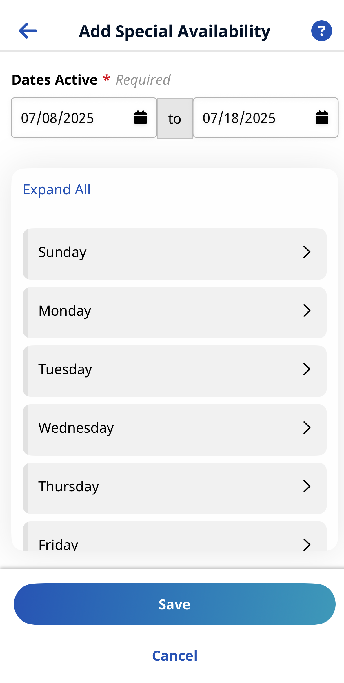 Add Special Availability Image of the Add Special Availability page