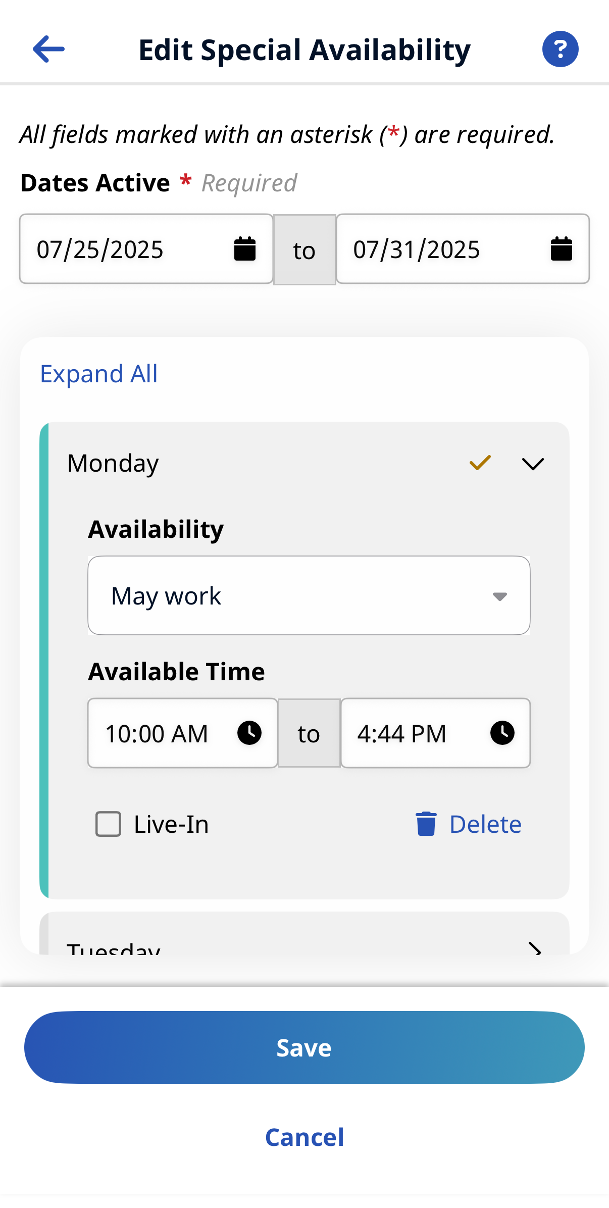 Edit Availability Image of the Edit Special Availability page
