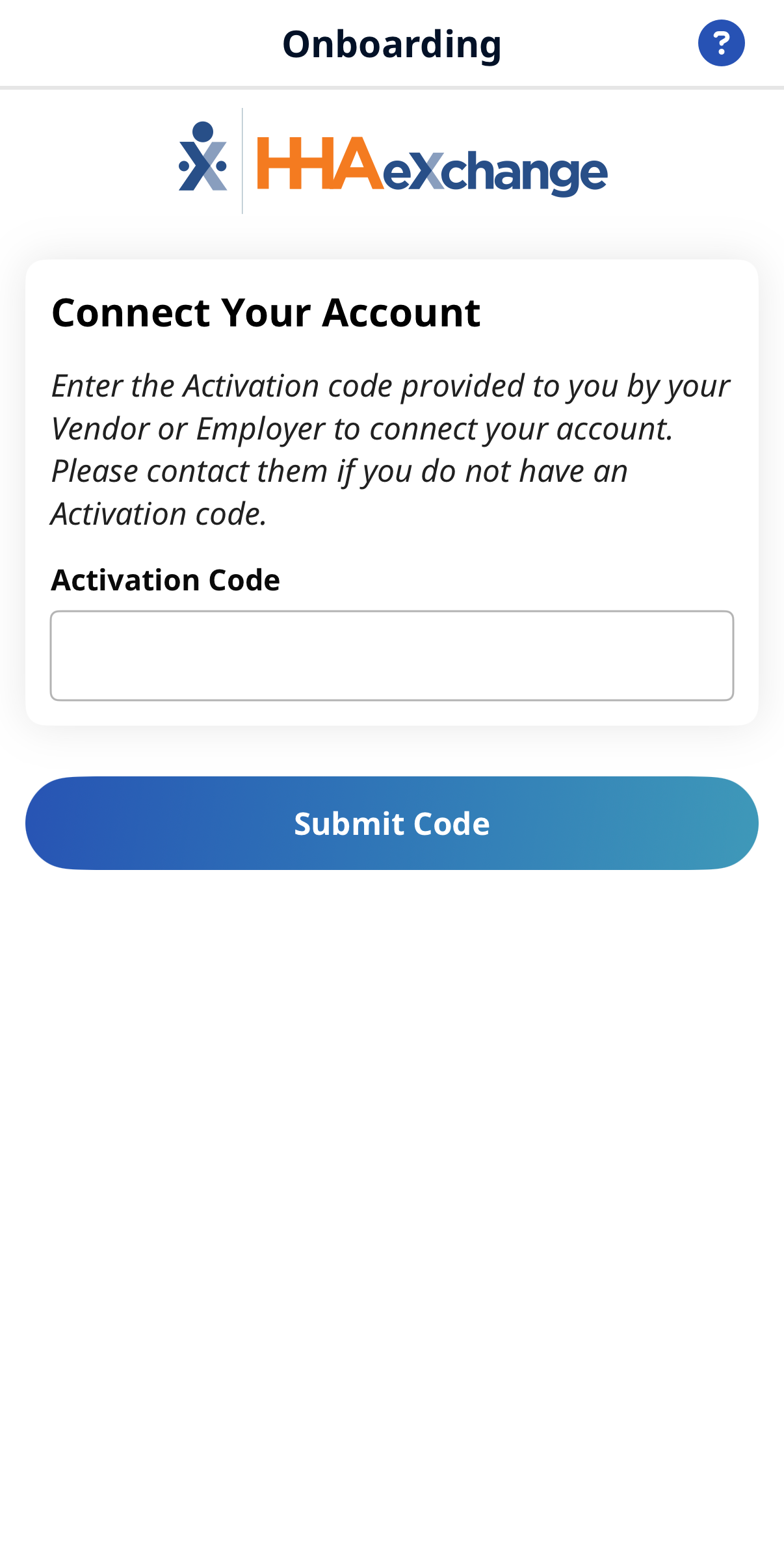 Activation Code Image of Connect Your Account page showing Activation Code field and Submit Code button at bottom