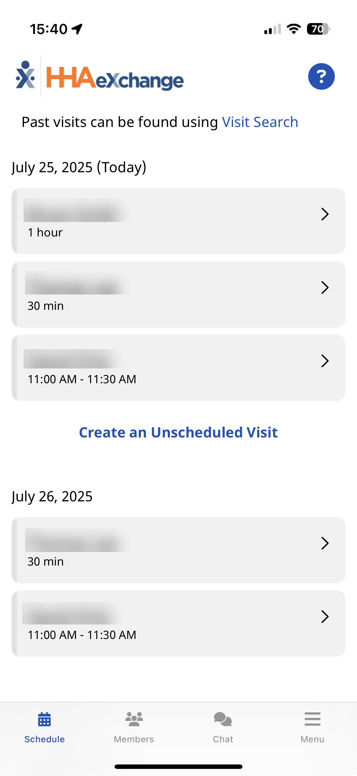 Schedule page Image of Schedule page showing scheduled visits for today and tomorrow
