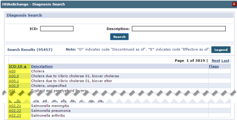 Diagnosis Search page