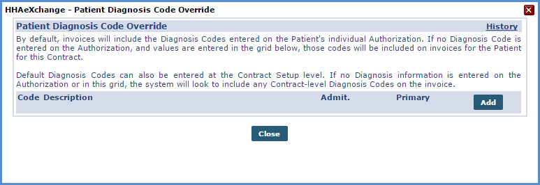 Patient Diagnosis Code Override page