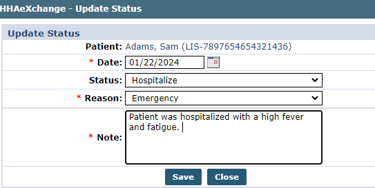 Patient Status - Update Status Window