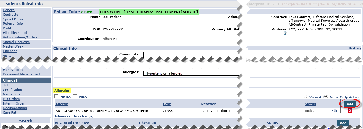 Patient Clinical Info: Allergies Section