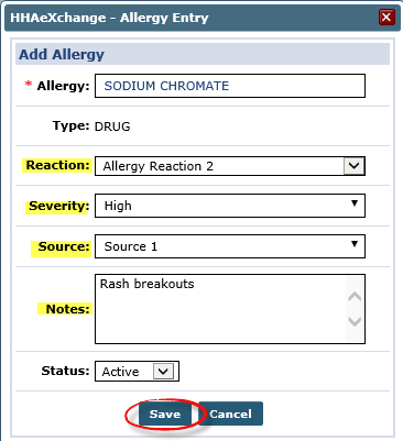 Adding an Allergy Entry