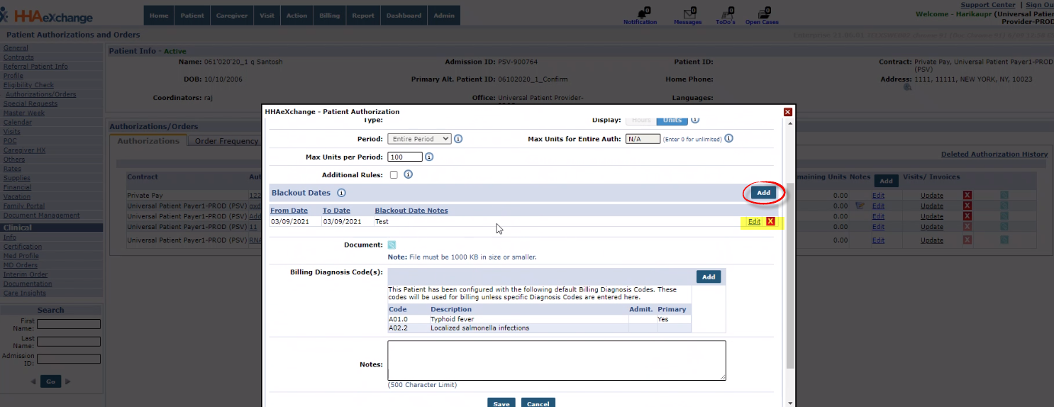 Patient Authorizations: Add/Edit Blackout Dates