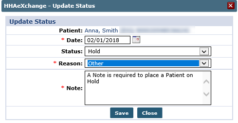 Patient Status Change to Hold