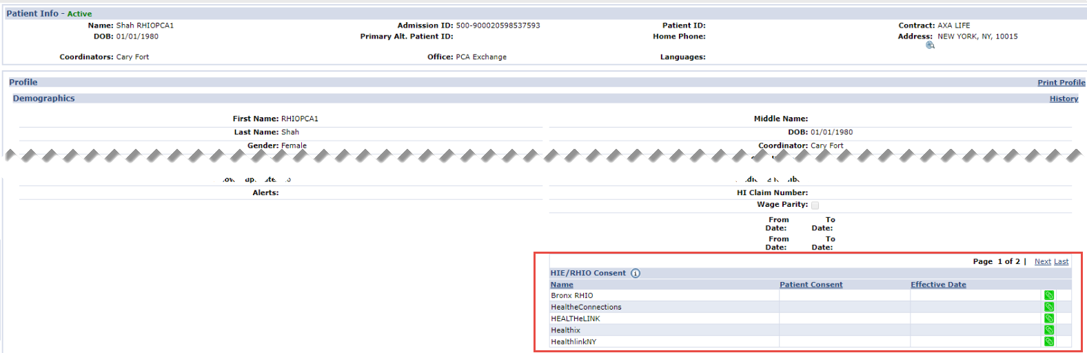 Patient Profile Page: HIE/RHIO Consent Section