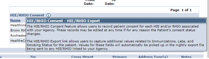 Use the info bubbles to obtain further information and guidance on both the HIE/RHIO Consent and HIE/RHIO Export functions.