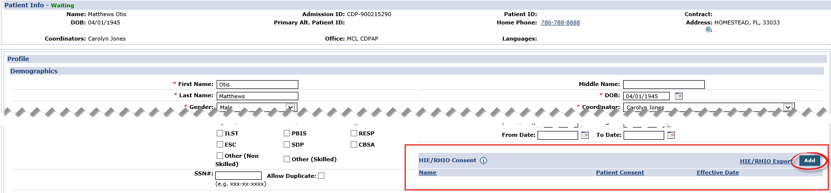 Adding an HIE/RHIO Consent