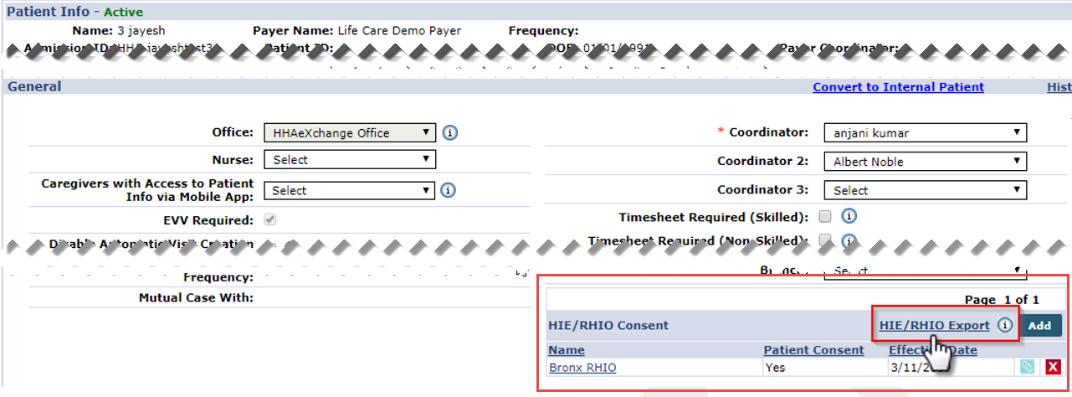 HIE/RHIO Export Link  -Linked Contract Patient