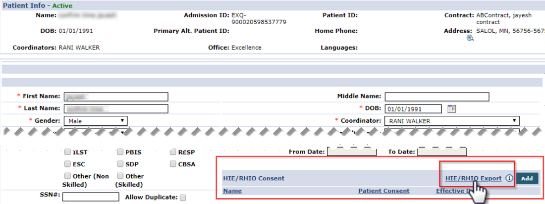 HIE/RHIO Export Link  -Internal Patient