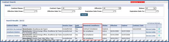 Contract Search Results – Required Compliance Column