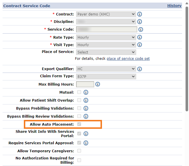 Contract Service Code: Auto Placement Field