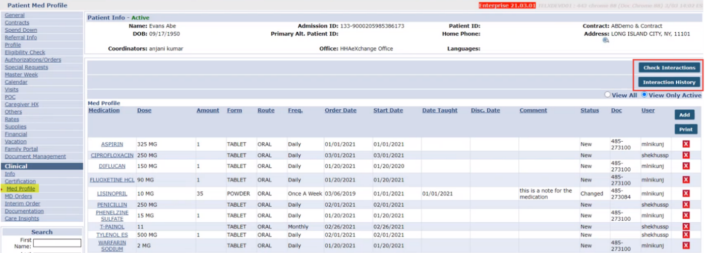 Patient Med Profile Page: Check Interactions Button and Interaction History Button