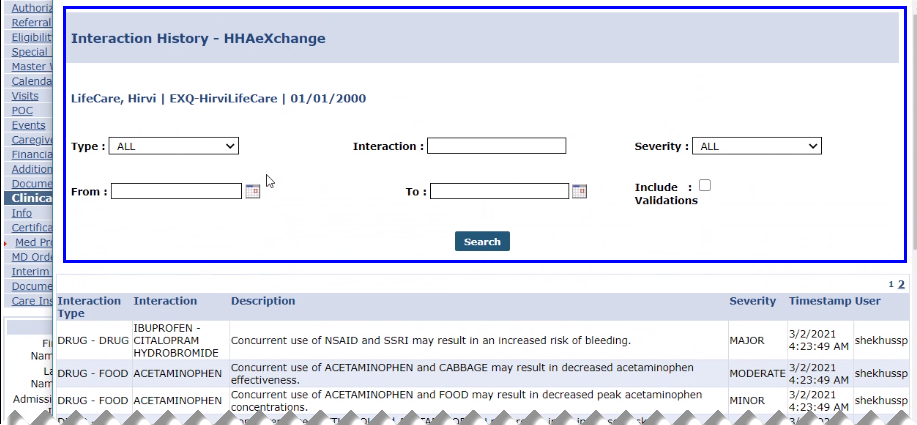 Patient Med Profile: Interaction History Search Filter Fields