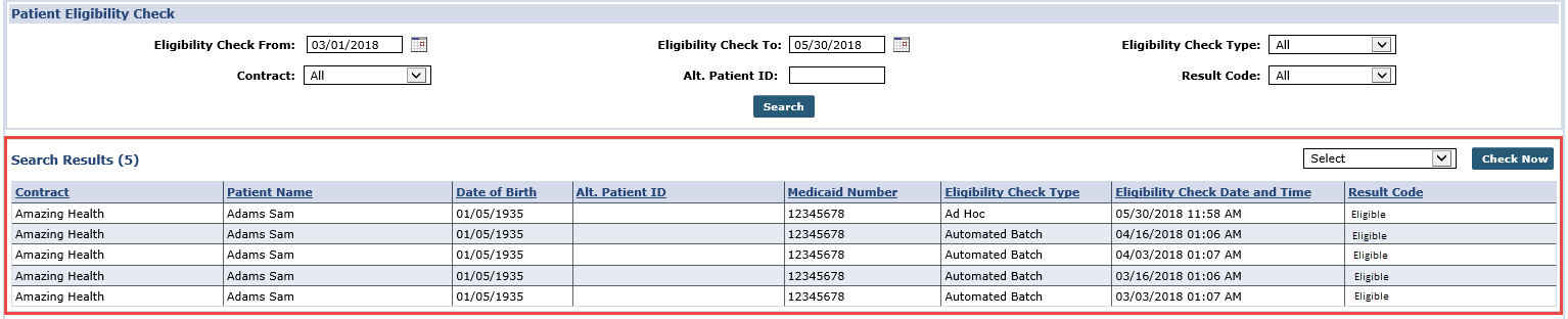 Patient Eligibility Check Search Results