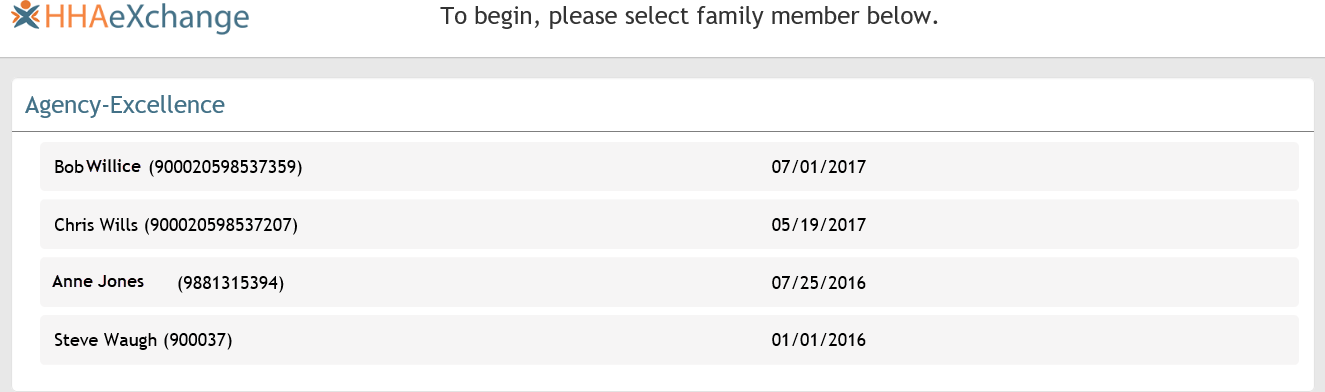 Family Portal: Patient Selection