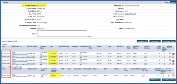 Invoiced Mileage and Visits