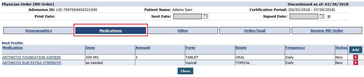 MD Order - Medications section