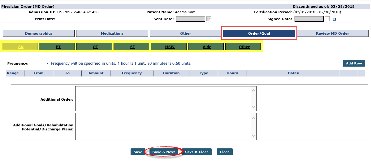 MD Order – Order/Goal section