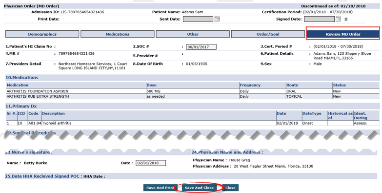 MD Order – Review MD Order section