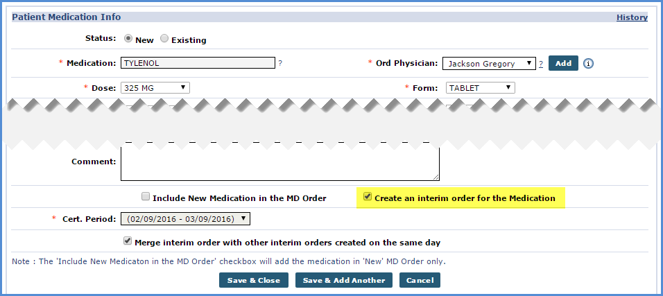 Create Interim Order for Medication