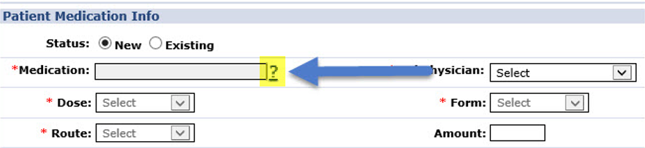 Select question mark link to search medication database