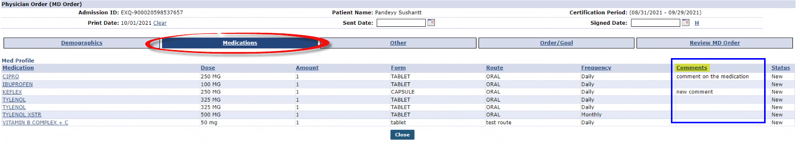 Patient MD Order: Medication Tab, Comments Column