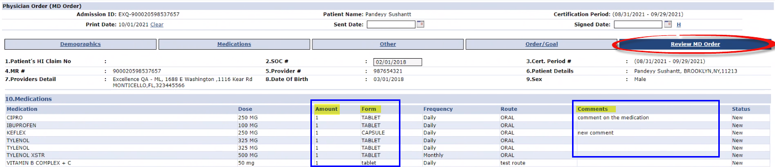 Patient MD Order: Review MD Order Tab, Amount, Form, and Comments Column