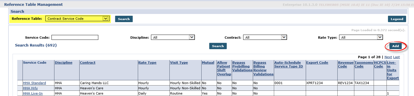 Reference Table: Contract Service Code