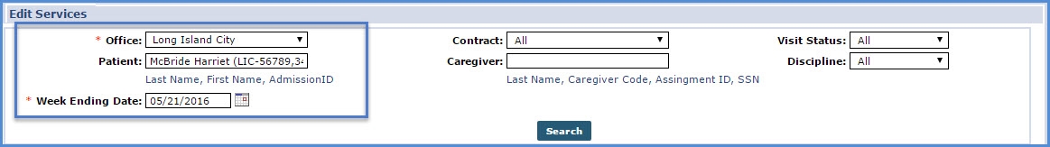 Edit Services > Search for Visits