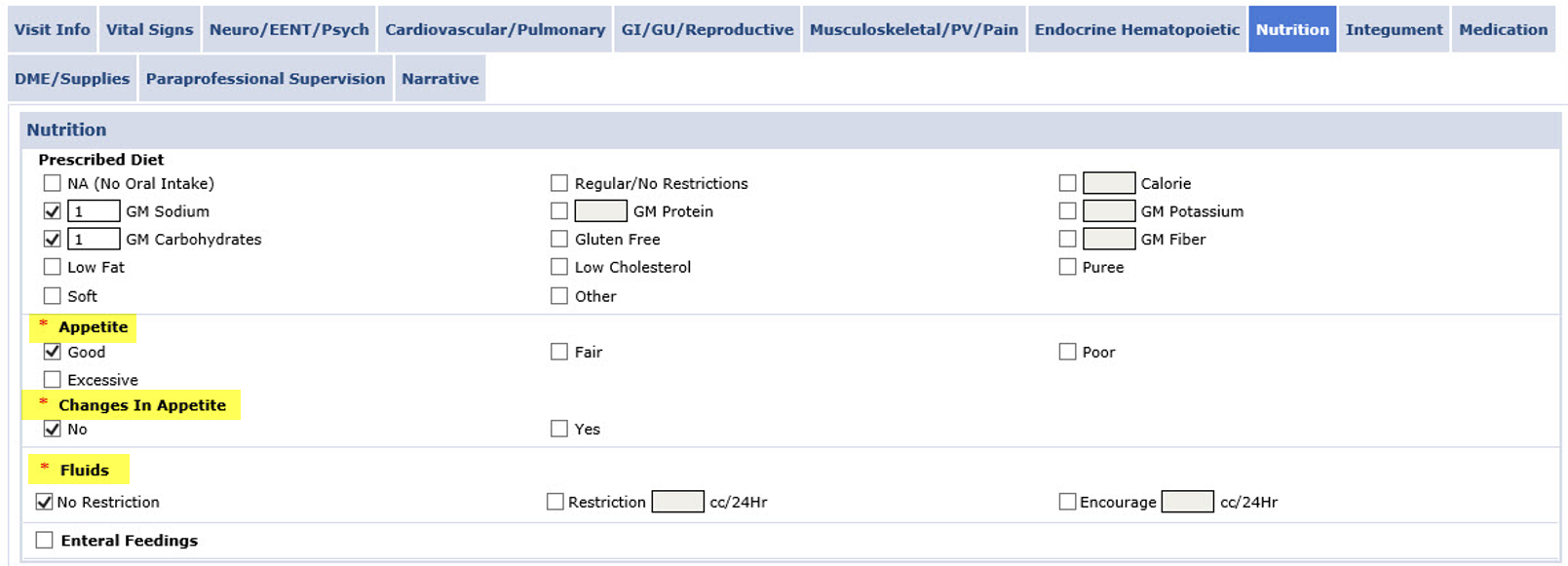 Nutrition Tab Screen with highlighted required sections: Appetite, Changes in Appetite, and Fluids