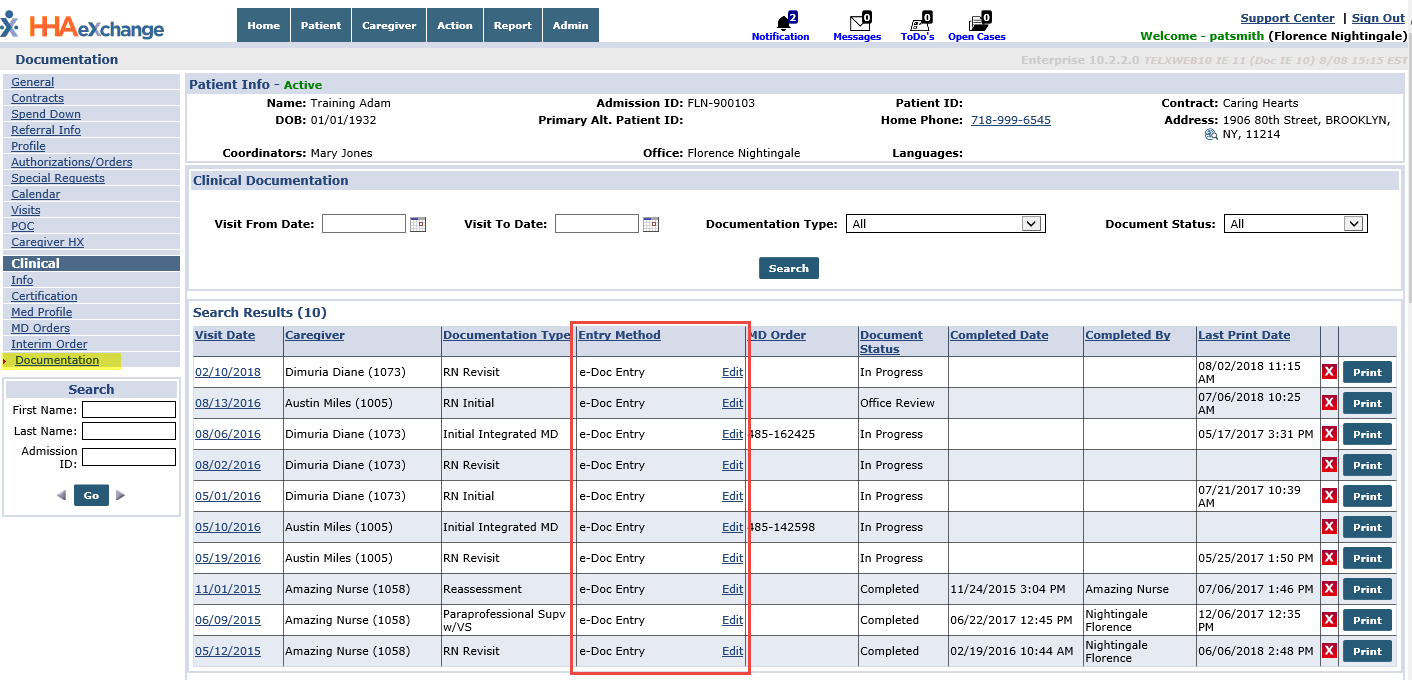 Patient Documentation page