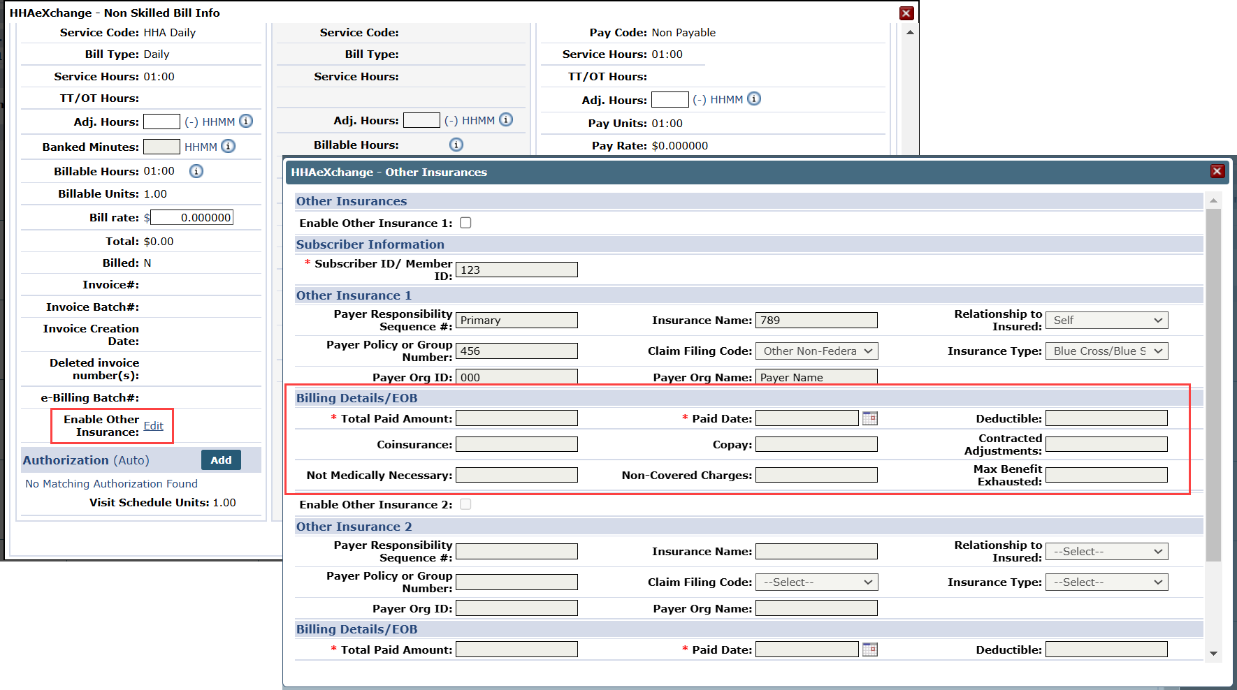 Billing Details/EOB details on the Other Insurances tab