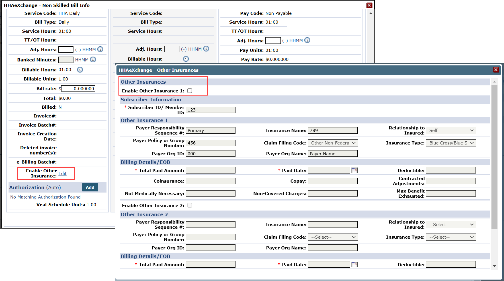 Billing Info Tab: Enable Other Insurance Field