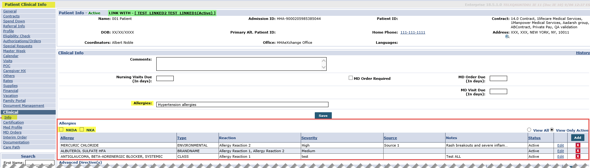 Patient Clinical Info Page: Allergies Section