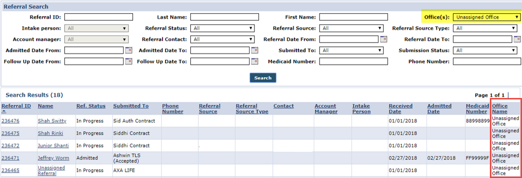 Search Results: Unassigned Office