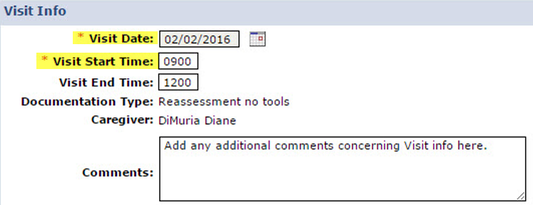 Visit Info Screen: Visit Date and Visit Start Time fields required