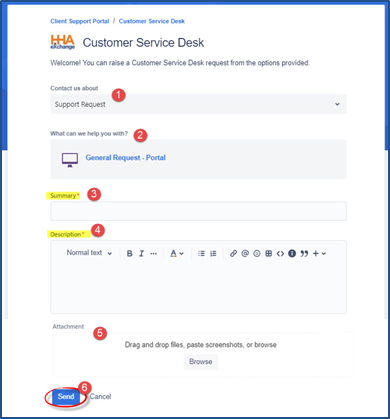 Image of the Customer Service Desk request form, with highlighted fields in numbered steps to complete and submit the request.