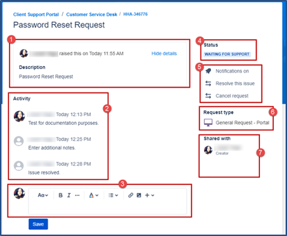 Image illustrates the Support Request, highlighting the various sections by number.