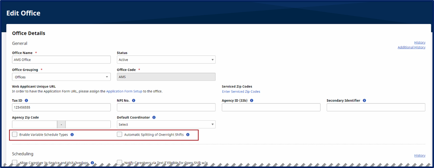 This image displays the Variable Schedule Type and Automatic Splitting of Overnight Shifts fields on the Edit Office page.