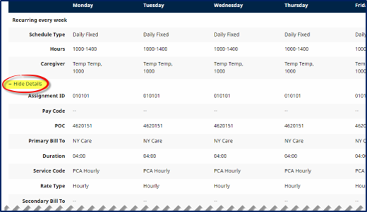 This screen displays the - Hide Details link on the Master Week.
