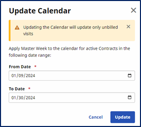 This image displays the opened Update Calendar window.