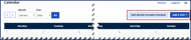 This screen displays the added Add Weekly Variable Schedule and Add a Visit fields on the Patient Calendar.