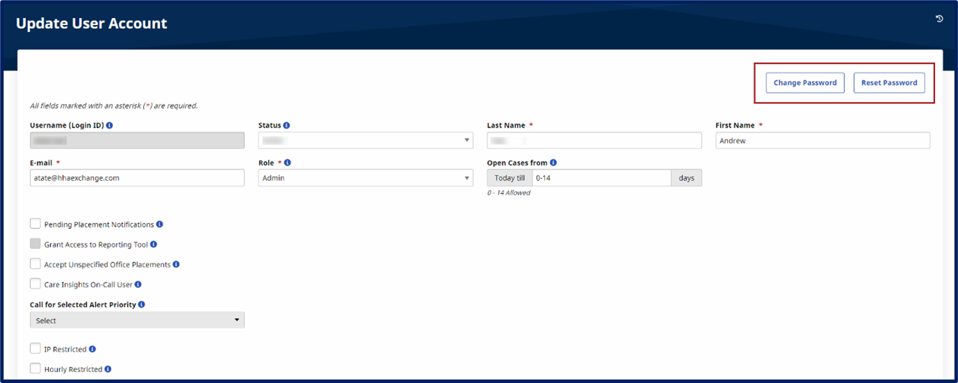 This image displays the Update User Management page with the highlighted Change Password and Reset Password buttons.