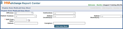 Virginia State Medicaid Duty Sheet Report